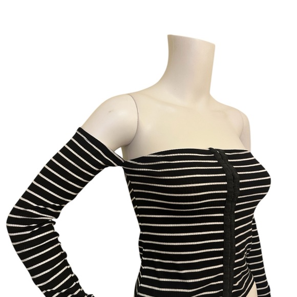 Women’s Black & White Striped Off The Shoulder Shirt - Picture 3 of 5